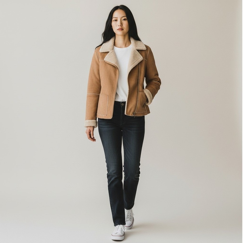St. John's Bay Faux Suede Shearling Jacket S Tan Western Boho Zip Up Penny Lane